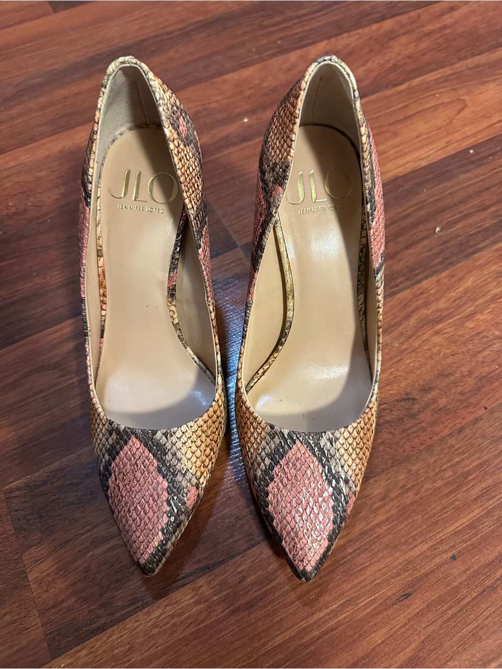 Jennifer Lopez Pink & Tan Snake-Print Pointed Toe Pumps